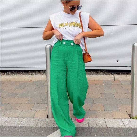 Zara* belted wide leg green pants bloggers fav - Picture 2 of 15